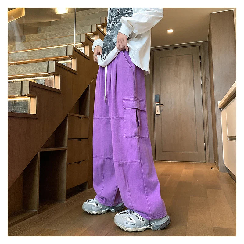 saferido Multi-Pocket Washed Cargo Pants Men Women Y2K Vintage Streetwear Loose Oversized Straight Wide-Leg Jeans Dark Green/Purple