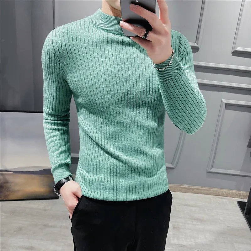 saferido British Style Men Winter Solid Color Turtle Pullover Knitted Shirt Slim Sweater Men Knitted Sweaters Men Knitwear S-4XL