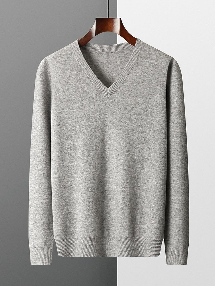 Merino Wool Sweater Men's V-neck Pullover Top Autumn Winter Knitted Casual Loose 100% Pure Wool Jacket