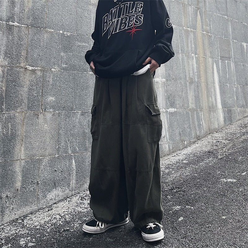 Big Pocket Cargo Pants Men's Casual Solid Color Straight Pants Baggy Wide-leg Ankle-length Pants Men Elastic Waist Pants