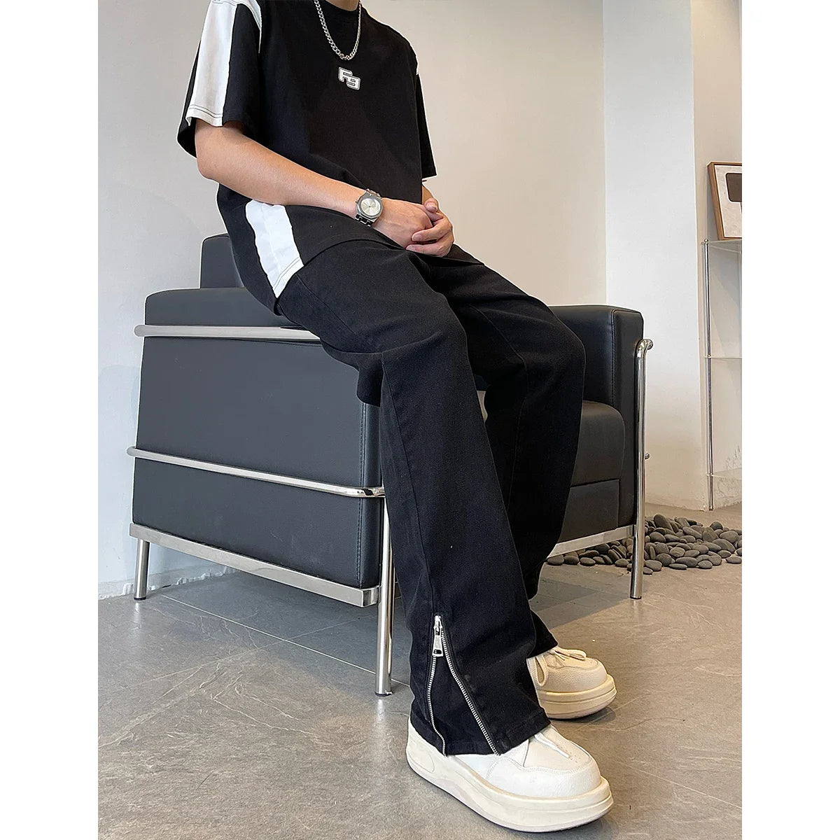 saferido American high street vibe jeans, men's trendy straight leg pants, thin and high-end slim fitting workwear, zippered pants,2024