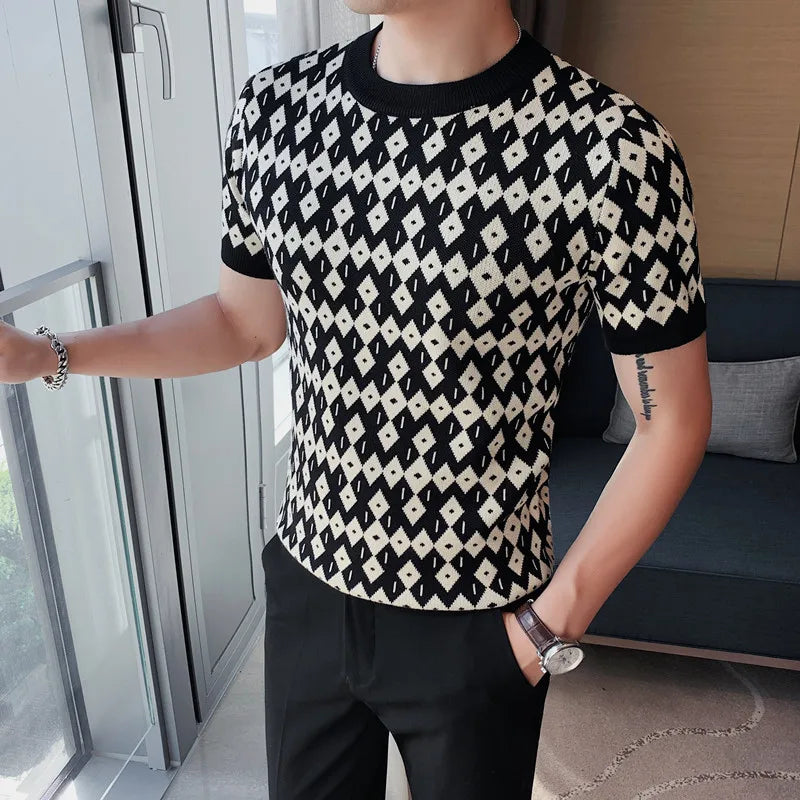 saferido Korean Style High Quality For Men Plaid Short Seeve Knit Sweater/Male Slim Fit Fahion O-Neck Set head Knit Sweaters Homme