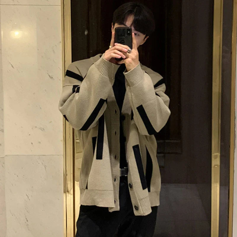 Autumn Clothing Men's Light Luxury Knitted Button Down Cardigan Sweater Long Sleeve Streetwear Patchwork Coat Fashion Knitwear