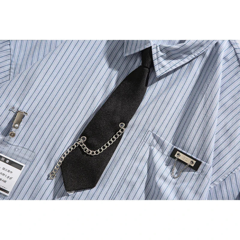 saferido Blue Striped Shirt Vintage College Style Tie Chain Design Loose Casual Blouse Couple Long Sleeve Top Harajuku Male Shirts Coat
