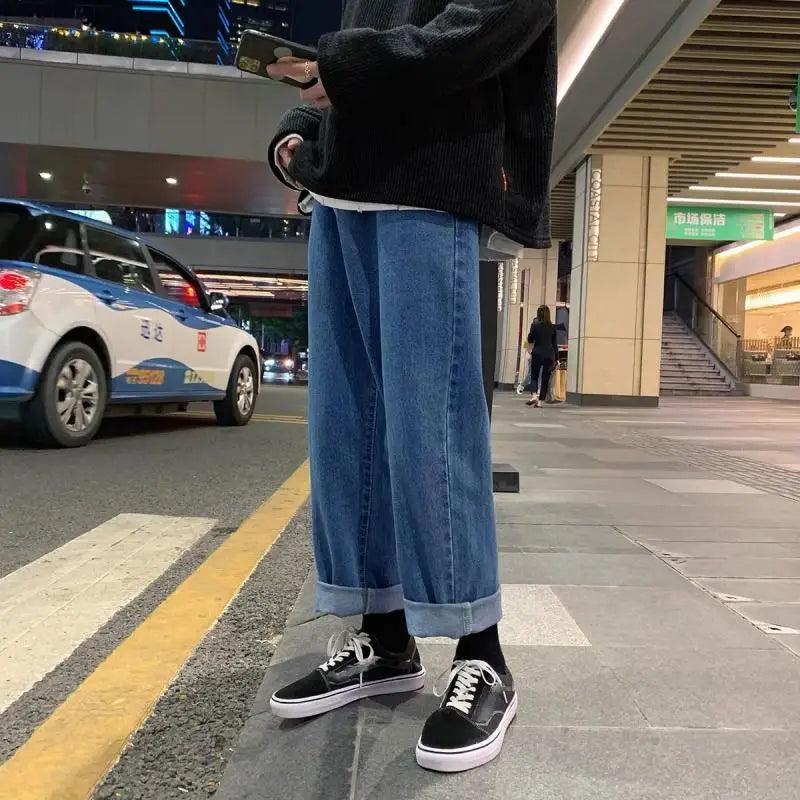 saferido Men's Jeans Straight Wide Leg Loose Pants Spring and Autumn Elasticated Waist Vintage Casual Trousers Bottoms Plus Size S-3XL