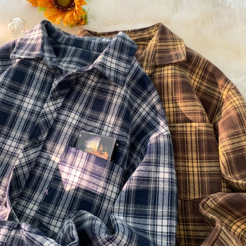 saferido Retro Plaid Long Sleeve Shirt Men Spring Fall Loose Shirt Turn-down Collar Blouse Hip Hop Streetwear Male Shirts