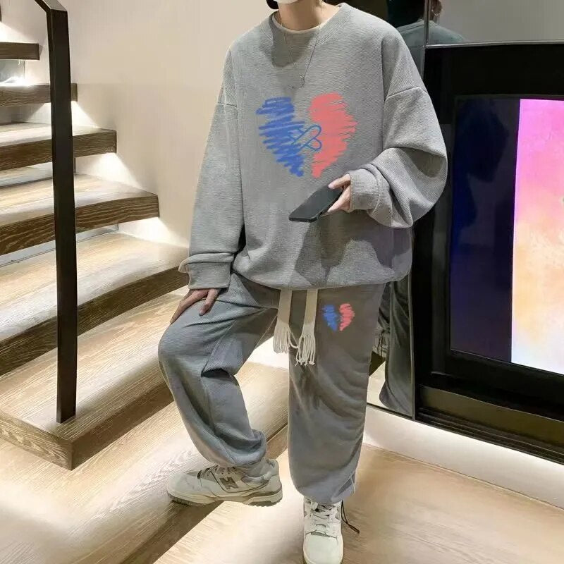 Men's Waffle Casual Suit O-neck Long Sleeve Print Letter Sweatshirts Sweatpants Autumn Tracksuit Plus Size Fashion Two Piece Set
