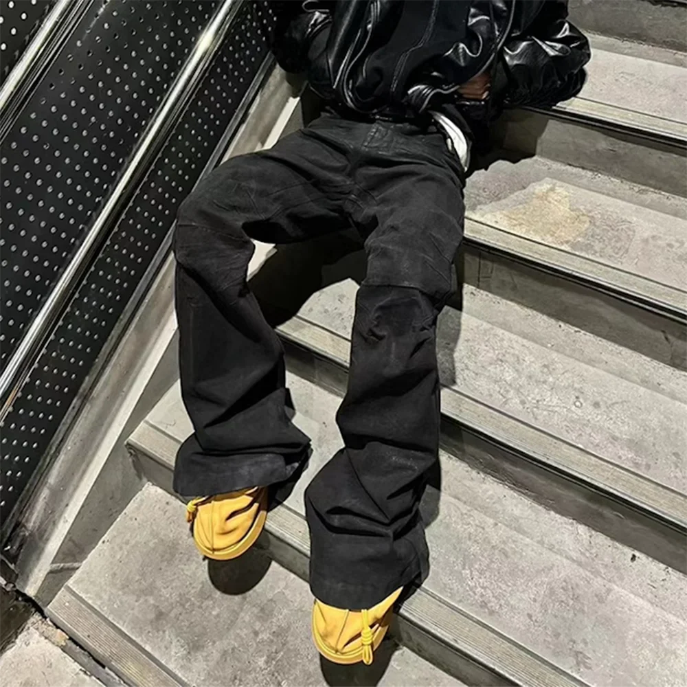 saferido Streetwear Black Glue Coated Boot Cut for Men and Women Straight Baggy Casual Flare Pants Oversized Loose Denim Trousers