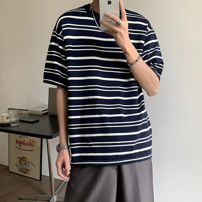 saferido Korean Style Men's Loose Pullover Round Neck Knit T-shirts Striped Printing Top Clothes Tshirts Apricot/navy Color T Shirts