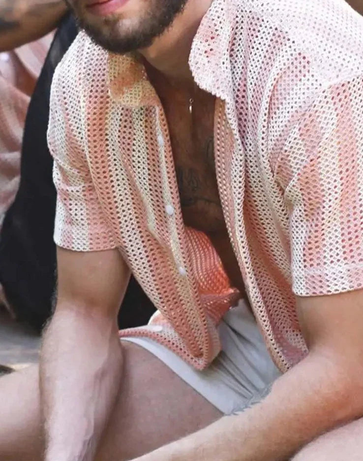 Casual Well Fitting Men's Mesh Striped Slightly Breathable Blouse Vacation Leisure Style Male Short-sleeved Shirts S-5XL