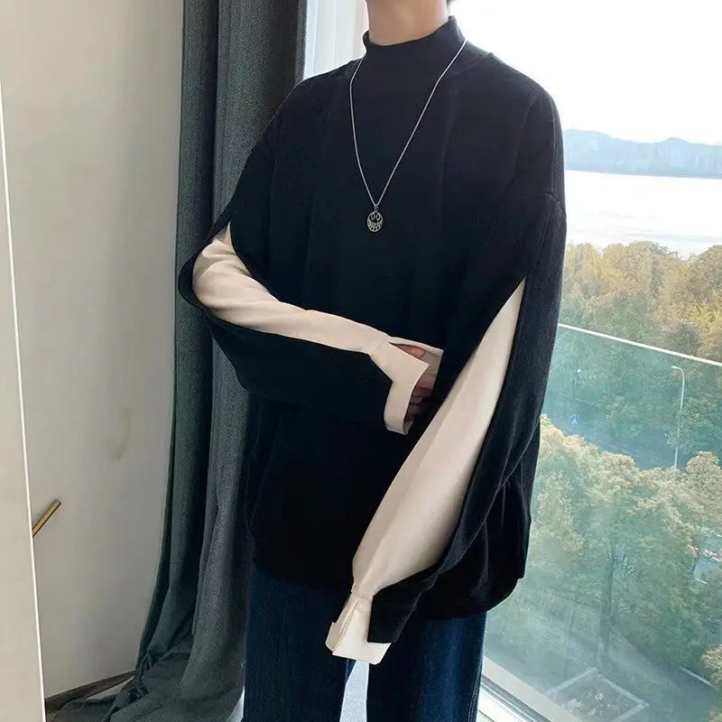 saferido Stylish Stand Collar Spliced Loose Fake Two Pieces T-Shirt Men's Clothing Spring New Casual Pullovers All-match Tee Shirt