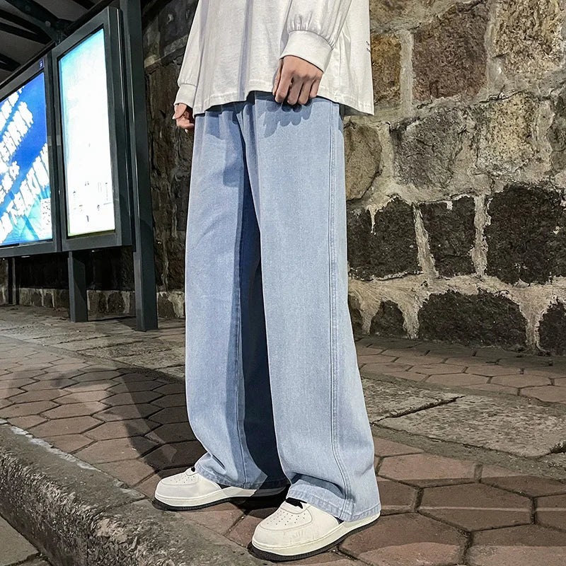 Korean Fashion Men's Baggy Jeans Elastic Waist Classic olid Color Straight-leg Denim Wide-leg Pants Male Light Blue Grey Black