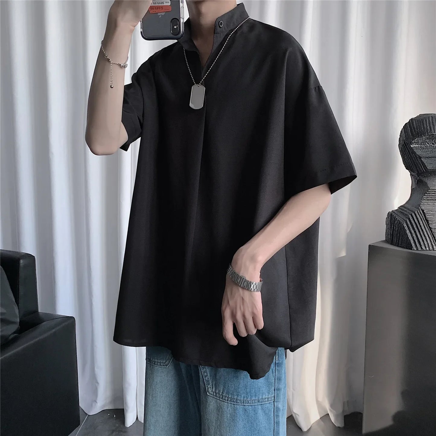 saferido Ice One Button Korean Fashions Shirts & Blouses Summer Short Sleeve Vintage Shirts Mens Casual Japanese Style Tops 5XL