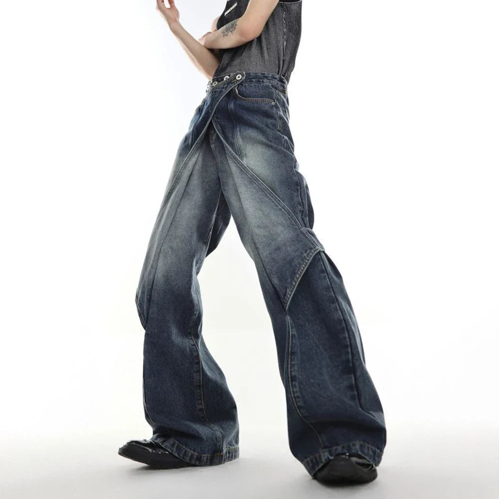 saferido Mens Autumn Winter American Street Niche Y2k Heavy-Duty Distressed Washed Jeans Irregular Variable Bell Pants Wide-Leg Pants