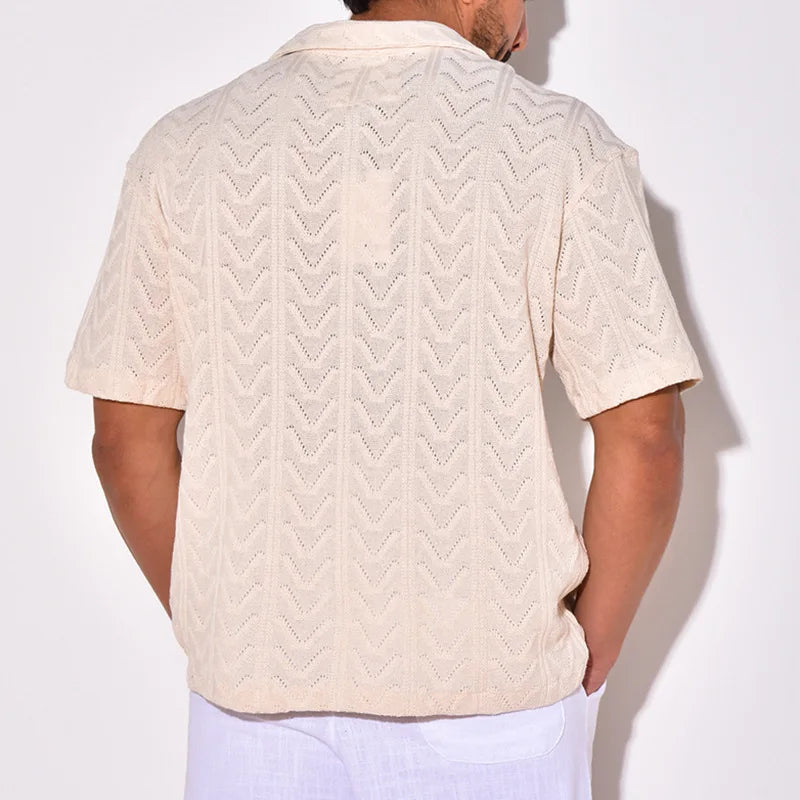 saferido Spring Summer Knit Jacquard Mens Shirt Short Sleeve Lapel Casual Loose Tops Fashion Vintage Knitwear Clothing For Men Streetwear