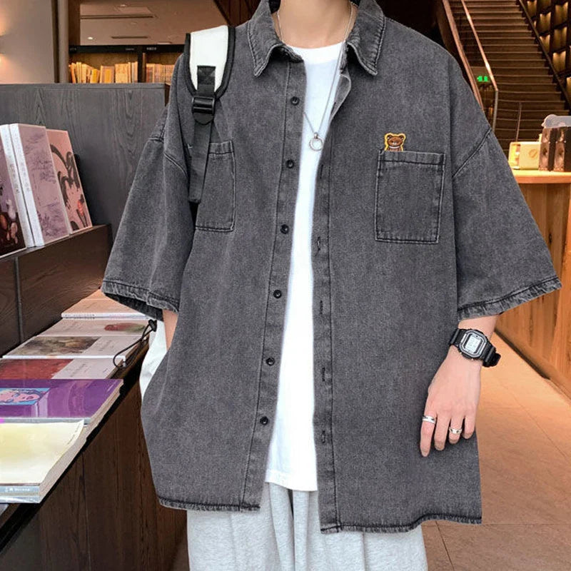 saferido Turn-down Collar Loose Man Shirts Handsome Short Sleeve Button Pockets Solid Korean Fashion Casual Spring Summer Men's Clothing