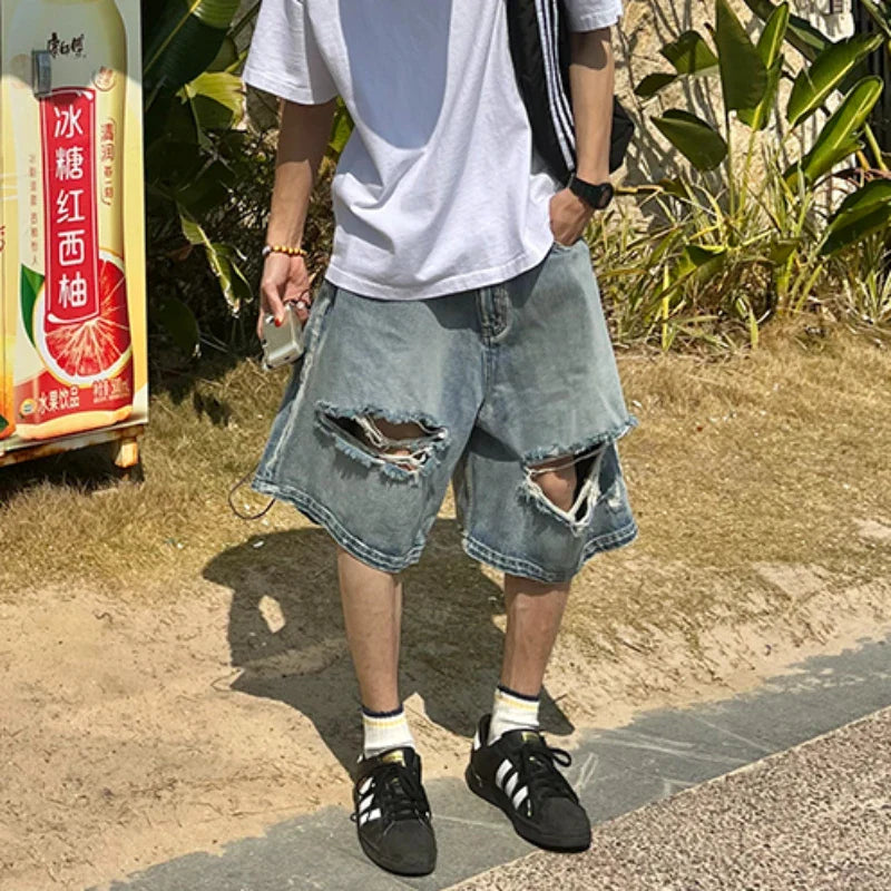 Beach Style Jeans Men Summer Fashion Vintage Hole Design All-match Denim Clothing Gothic High Street Males Trousers Knee Length
