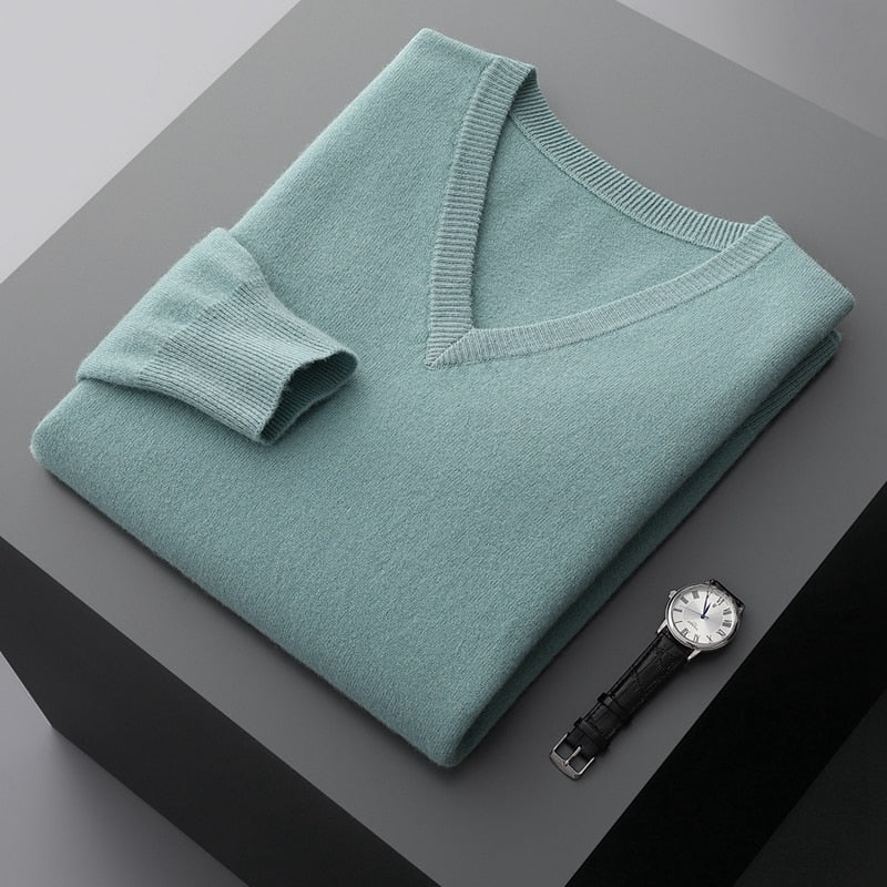 Merino Wool Sweater Men's V-neck Pullover Top Autumn Winter Knitted Casual Loose 100% Pure Wool Jacket