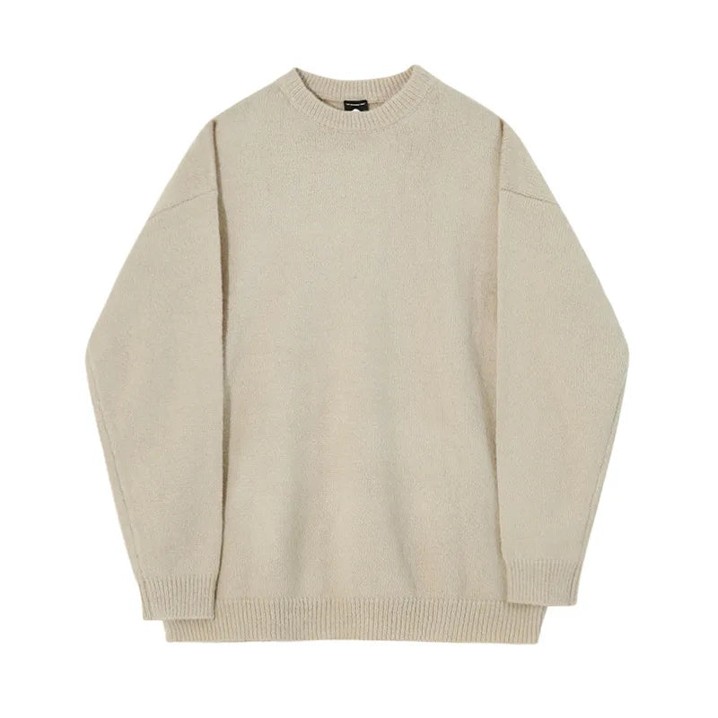 Winter Round Collar Mohair Solid Color Sweater Loose Korean Style Vintage Kintted Sweater Pullover Men Clothing