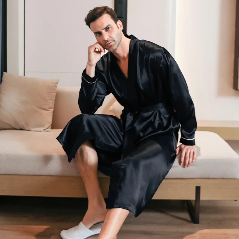 saferido Pajama men's spring and autumn silk thin style oversized pajamas long sleeved bathrobes ice silk bathrobes home clothing summer