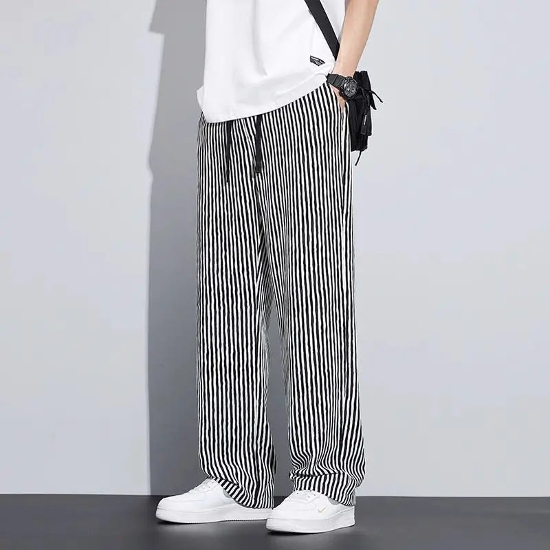 saferido Korean Version Streetwear Fashion Men Stripe Wide Leg Pants Summer Male Harajuku Loose Casual Elastic Waist Straight Trousers