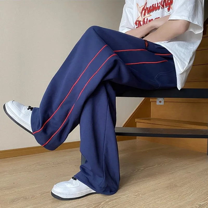 saferido American Hip-hop Loose Sports Pants Men's Autumn Solid Patchwork Elastic Waist Drawstring Pocket Side Striped Straight Trouser