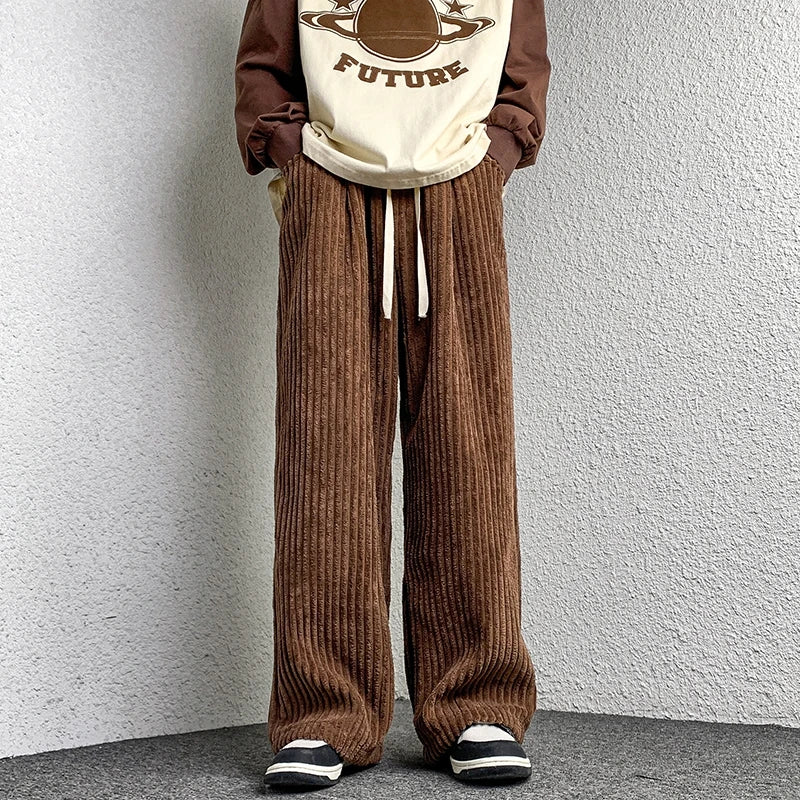 saferido Corduroy Pants Men's Straight Pants Solid Color Drawstring Unisex Wide Leg Oversized Trousers Casual Japanese Style Male Pants