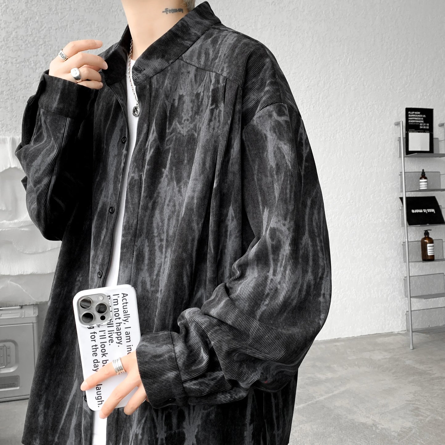 saferido Stand Collar Tie-dye Shirt Men Handsome Long Sleeve Men's Clothing Spring Autumn Korean Loose Streetwear Casual Shirts