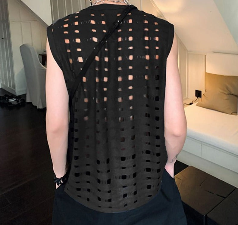 Men Tank Tops Hollow Out Zipper O-neck Sleeveless Streetwear Sexy Casual Vests Korean Fashion Men Clothing S-5XL