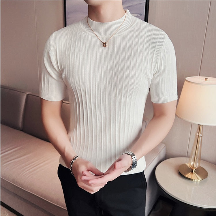 Summer Knitted Elasticity T Shirt Men Half High Collar Short Sleeve Casual Slim Fit Sweater Tops Tees Social Club T-Shirt
