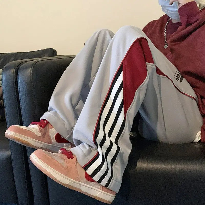 saferido American High Street Loose Straight Wide Leg Pants Men's Autumn Contrasting Stripes Drawstring Pockets Patchwork Sports Trousers