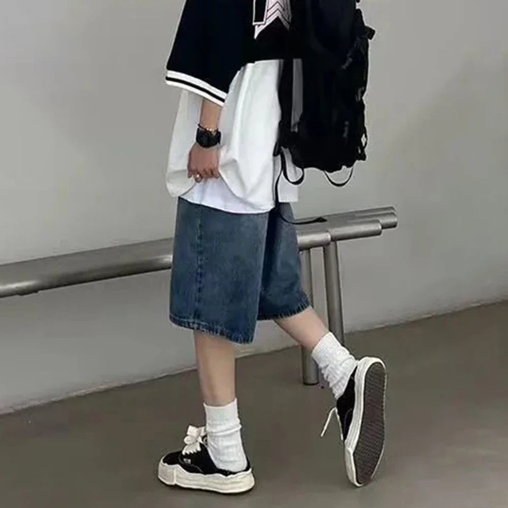 saferido Y2k Streetwear Sports Casual Jeans with Belt for Men Spring Summer New Genderless Fashion Loose Denim 5-point Pants Unisex