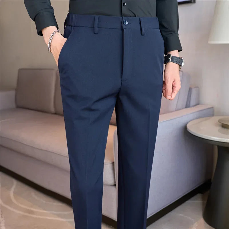 Men Suit Pants Autumn New British Style Elastic Waistband Slim Fit Solid Business Casual Formal Dress Trousers Men Clothing