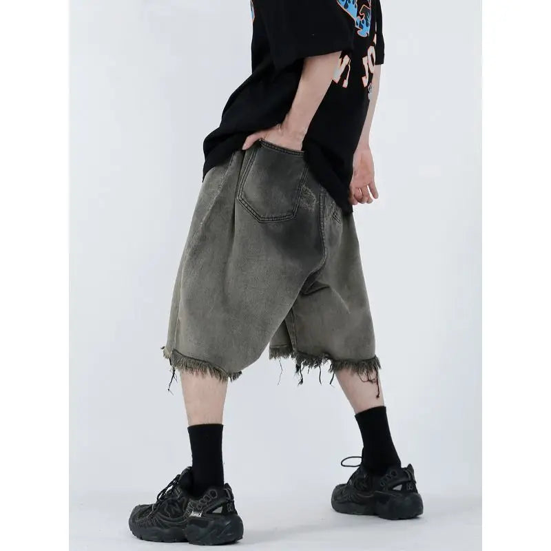 saferido Hip Hop American Vintage Washed Old Gradient Denim Shorts Men's Summer High Street Fashion Casual Loose Capris