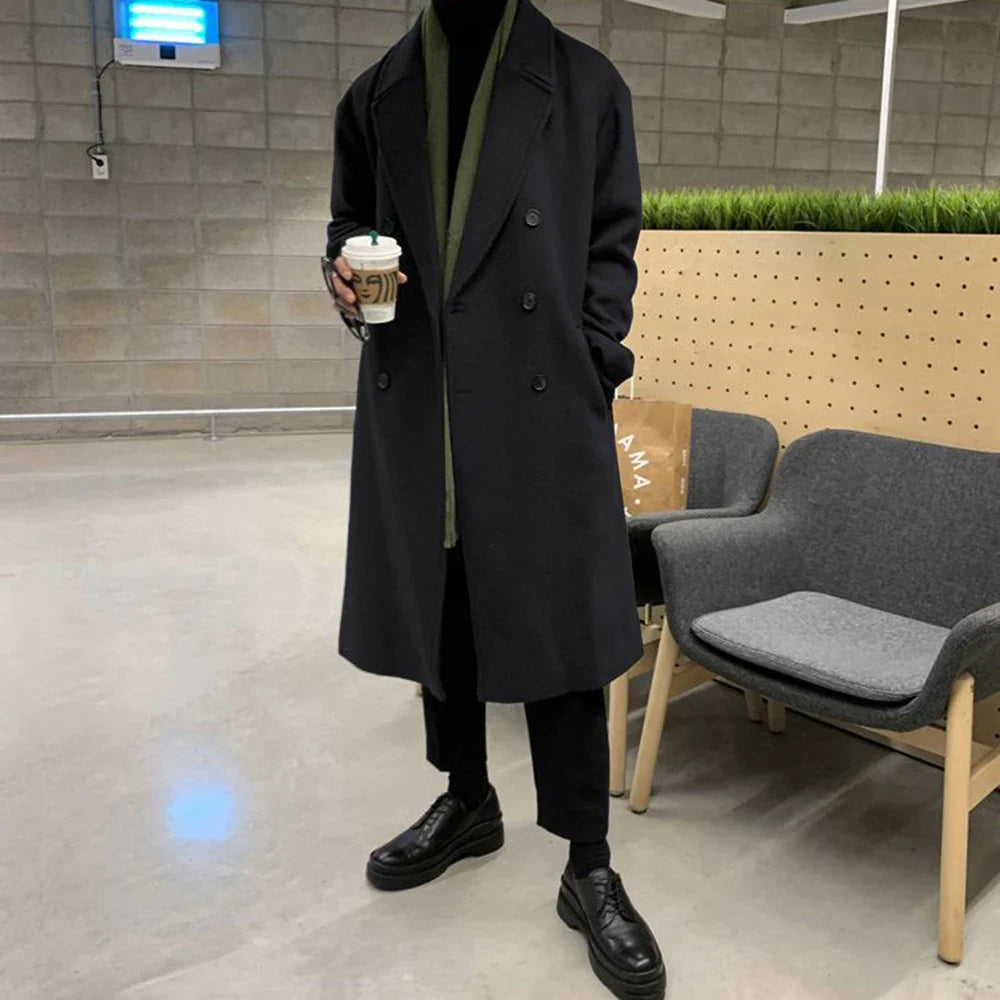 saferido Mens Double-Breasted Mid-Length Coat Autumn Winter Genderless Korean Style Fashion Commuter Thickened Elegant Retro Coat Unisex
