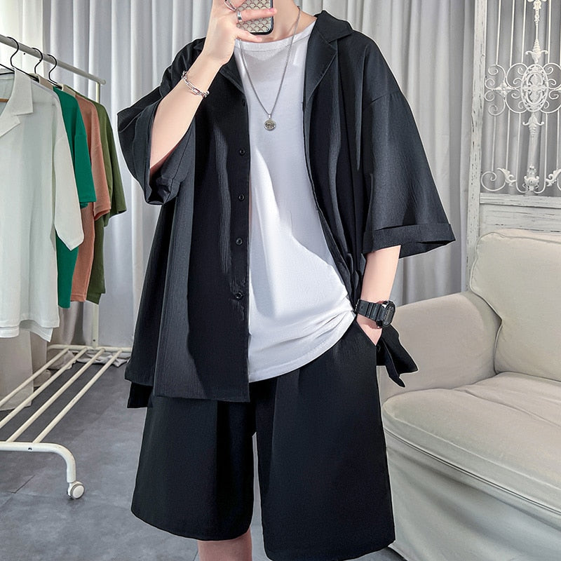 Korean Style Men's Set Shirt+Shorts Solid Short Sleeve Top Matching Bottoms Summer Fashion Oversized Clothing Men