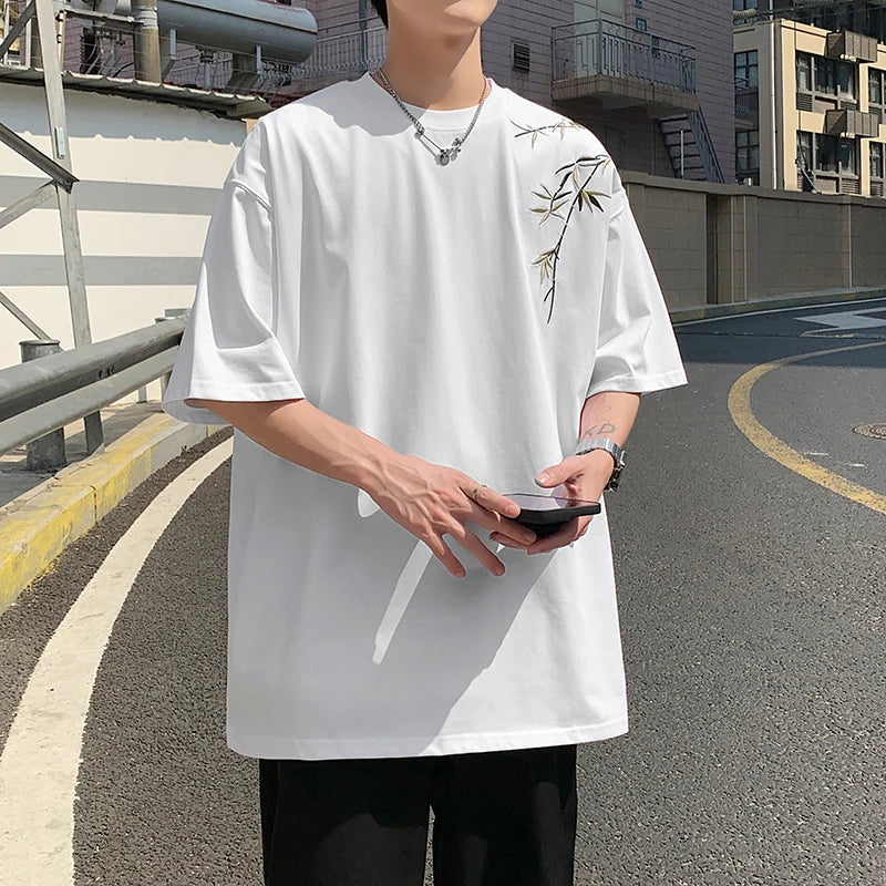 saferido Bamboo Embroidered T Shirt Men Harajuku Streetwear T-Shirts Summer Short Sleeve Black White Loose Casual Tshirt Tees Top