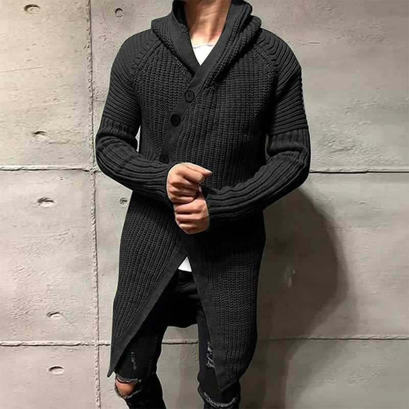Men Button-up Long Sweater Overcoat Mens Winter Fall Long Sleeve Knit Hooded Cardigans Coat Fashion Solid Long Knitted Jackets