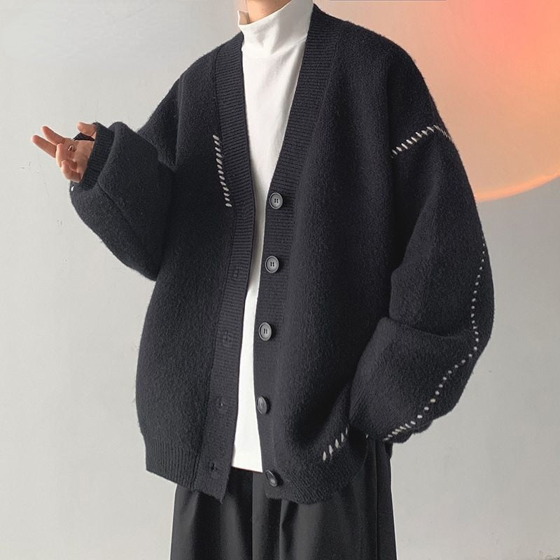 Winter Niche Design V-neck Sweater Cardigan Rajut Korea Coats Men Loose Casual Simple Solid Color Japanese Sweater Cardigan