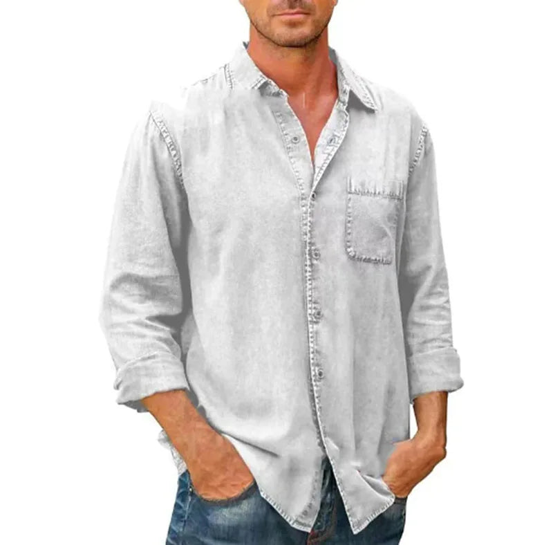 saferido Spring Autumn New Mens Denim Long Sleeve Button Down Pocket Shirt Retro Work Male Slim Fit Solid Color Casual Fashion Tops