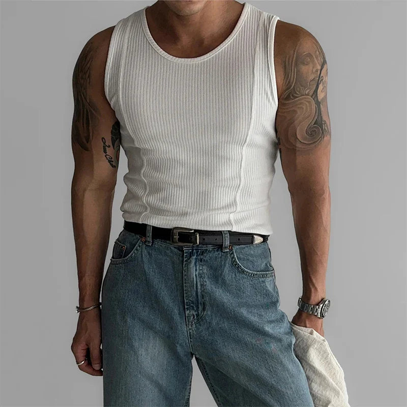 Summer Fashion Solid Color Ribbed Tank Tops Men Slim Elastic Sports Vest For Mens New Casual O Neck Straps Sleeveless Camisoles
