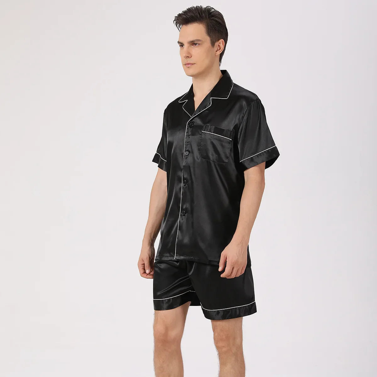 Men Pajama Sets Ice Silk Satin Short Sleeve Shirt+Shorts 2Pcs Suit Summer Thin Sleepwear Solid Color Male Casual Home Clothes