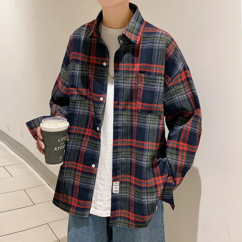 saferido Long Sleeved Shirt Men Oversized Fashion Retro Plaid Shirt Men Streetwear Loose Casual Shirt Mens Vintage Shirts Plus Size 5XL