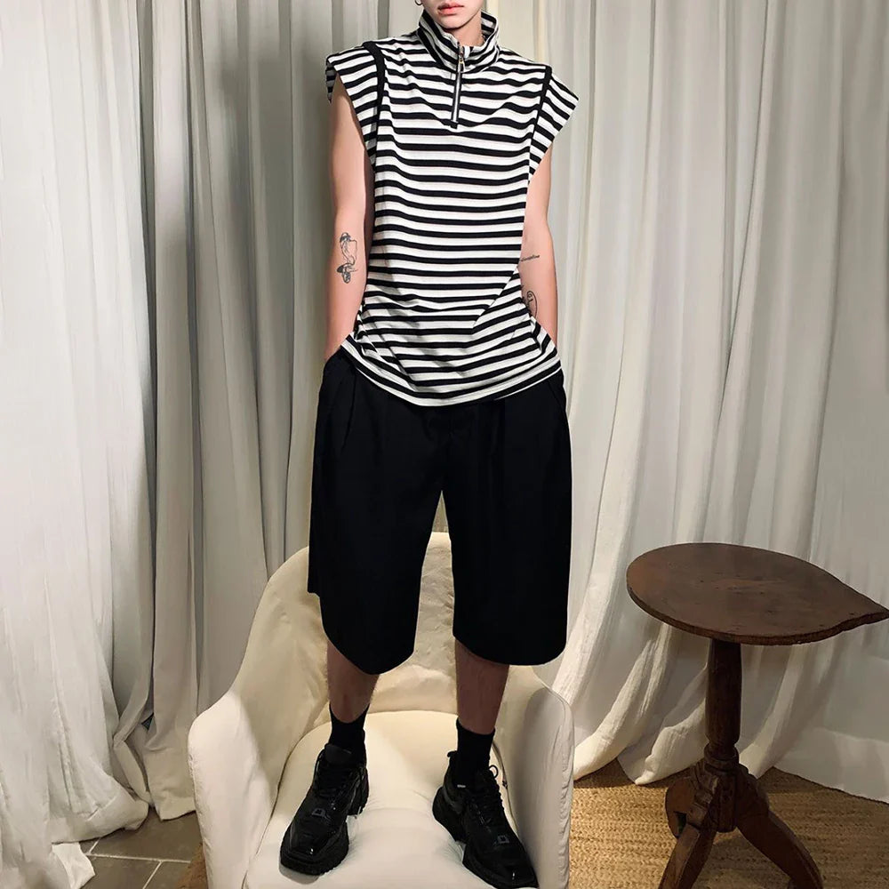 saferido Mens Japanese Striped Casual Vest 2024 New Genderless Fashion Youth Trend Versatile High Collar Sleeveless Tank Top Unisex