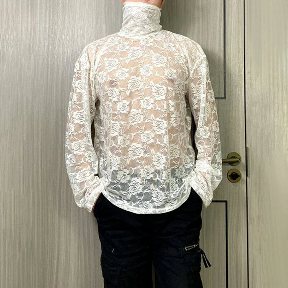 saferido Mens Spring Autumn Lace Transparent Sexy Rose High Neck Long Sleeve T-Shirt Genderless Hollow Breathable Jacquard Top Unisex