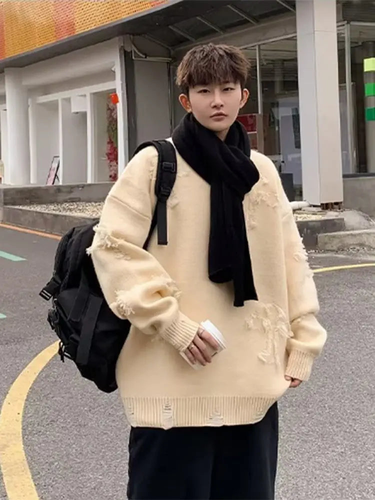 Solid Long Sleeve Hole Knitted Sweater Men Tassels O-neck Hooded Streetwear Man Autumn Winter Fashion New Men's Clothing