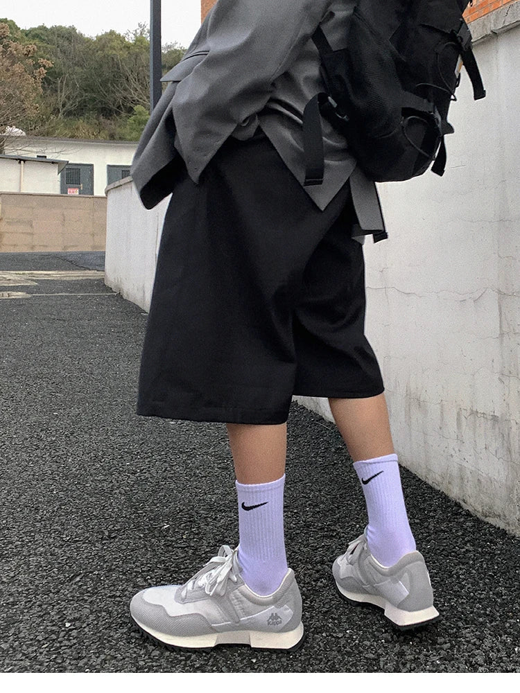 saferido Spring Summer Loose Casual Soft Black Pleated Shorts for Men Mens with High Waist Short Straight Pants Clothes