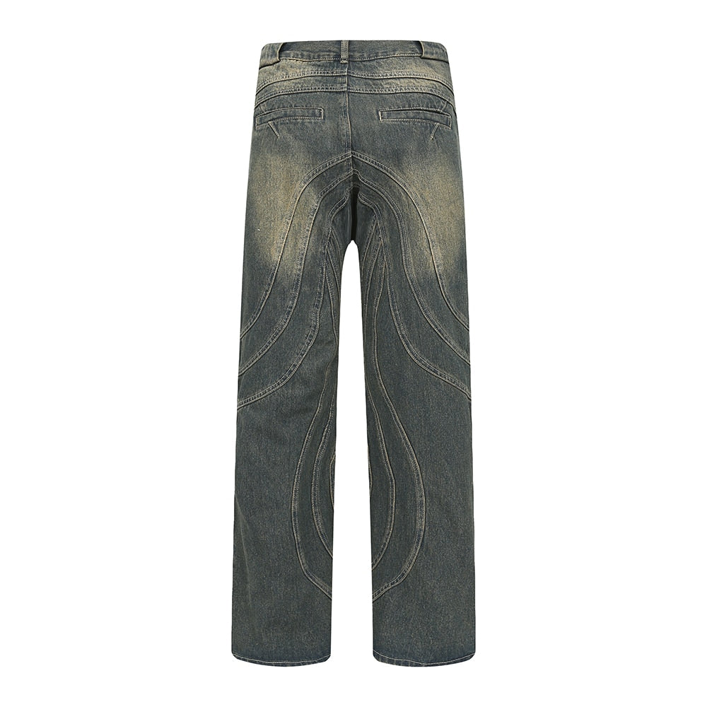 Vintage Y2K Painted Circle Striped Straight Flare Pants Men's Harajuku Streetwear Casual Baggy Jeans Oversized Denim Trousers