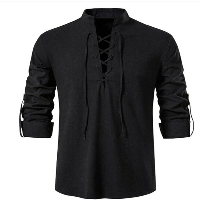 Men's V-neck shirt T-shirt Fashion Vintage Thin Long Sleeve Top men Casual Breathable Viking Front Lace Up man Shirts