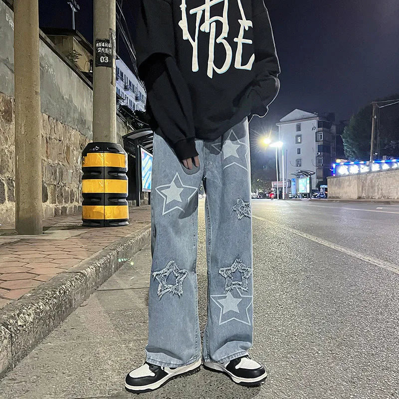 saferido Men Jeans Stars 2024 New Spring Vintage Y2K Simple Casual Loose Fashion Straight Wide Leg Oversize Pants Male Hip Hop Trousers